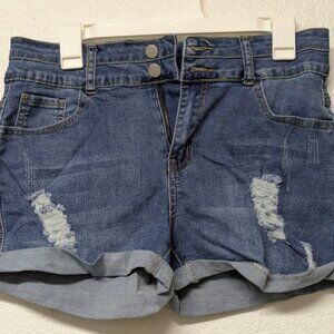 Dark Blue Distressed Rolled High-Waist Denim Shorts with Two Button Design - M
